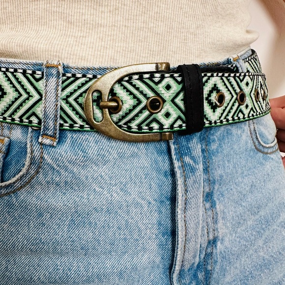 New Free People Belt Jaded Jungle Vert Cotton & Leather S/M boho - Picture 7 of 9